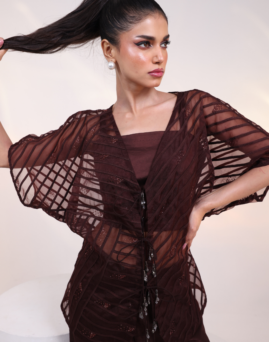 Mocha Brown Three-Piece Co-Ord Set with Bustier, Sheer Kaftan Top & Cutdana Detailing_2
