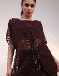 Mocha Brown Three-Piece Co-Ord Set with Bustier, Sheer Kaftan Top & Cutdana Detailing_4