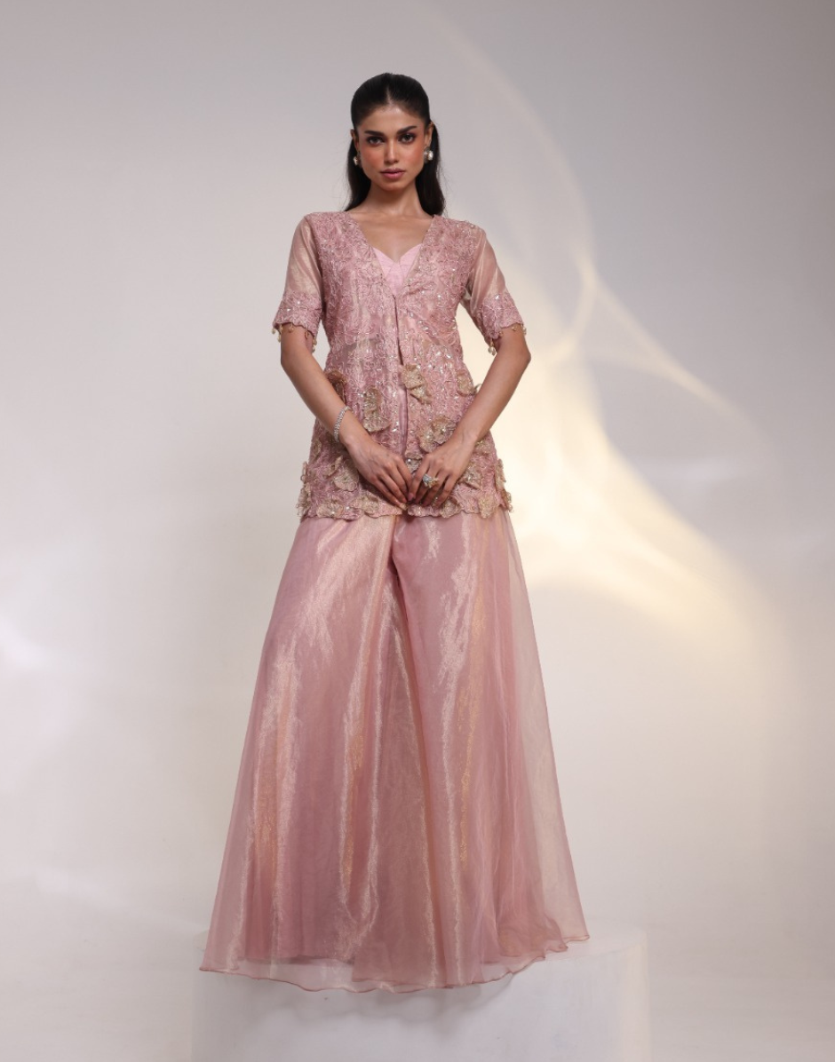 Modern Dusty Rose Pink Three Piece Set Sheer Tissue Jacket with Short Sleeves