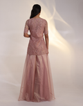Modern Dusty Rose Pink Three Piece Set Sheer Tissue Jacket with Short Sleeves_1