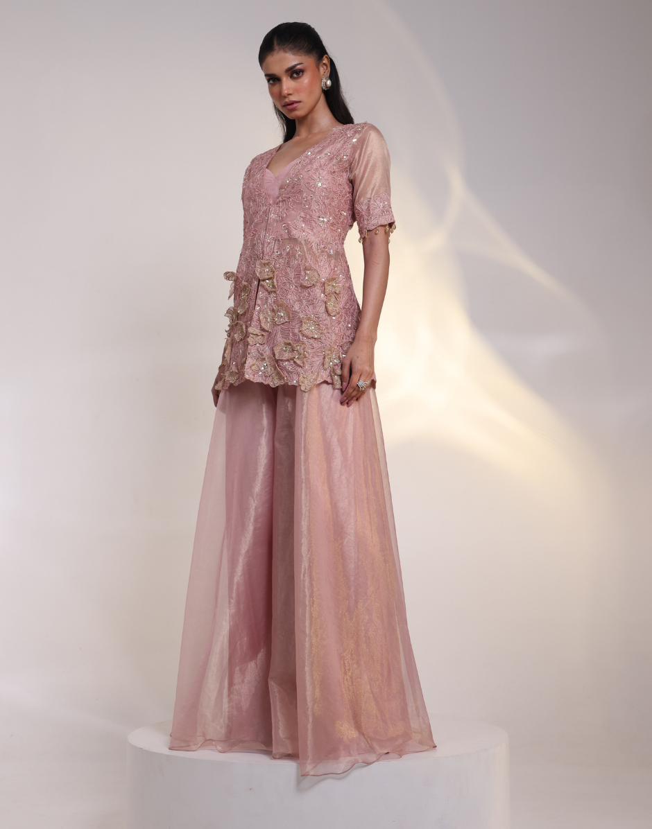 Modern Dusty Rose Pink Three Piece Set Sheer Tissue Jacket with Short Sleeves_2