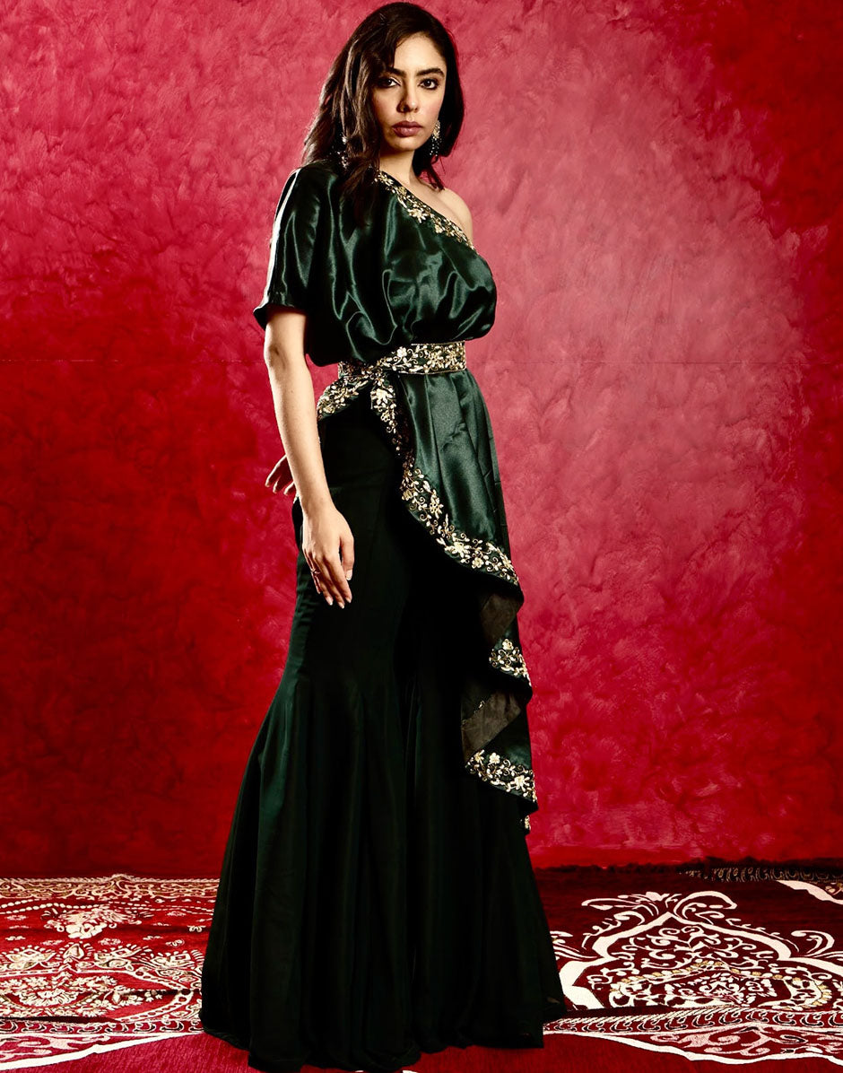 Modern Elegance Green Hand-Embroidered Satin Cape with Georgette Flared Pants and Embroidered Belt