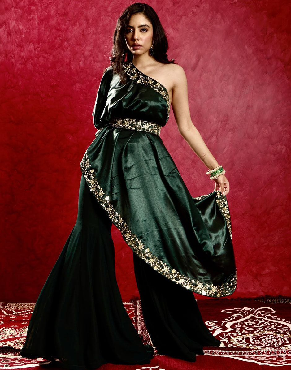 Modern Elegance Green Hand-Embroidered Satin Cape with Georgette Flared Pants and Embroidered Belt