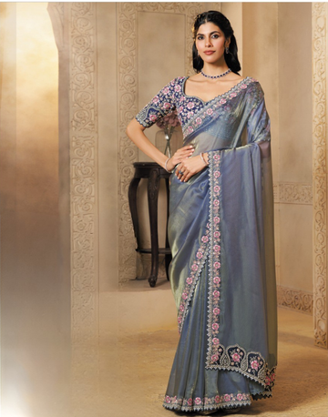 Modern Grey Organza Saree with Pearl & Stone Embellishments Two-Tone Satin Blouse for Elegant Look - Buy