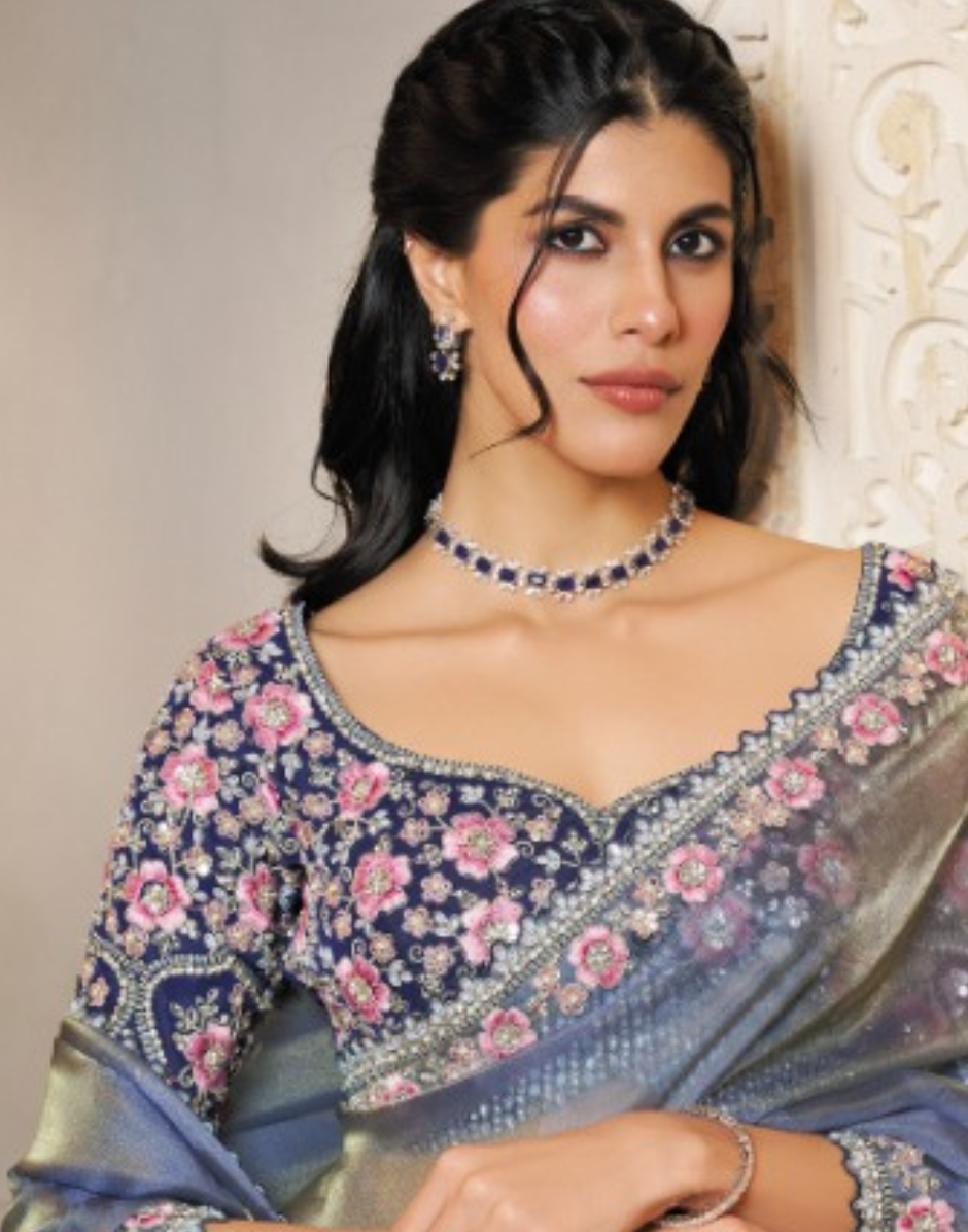 Modern Grey Organza Saree with Pearl & Stone Embellishments Two-Tone Satin Blouse for Elegant Look - Buy_1