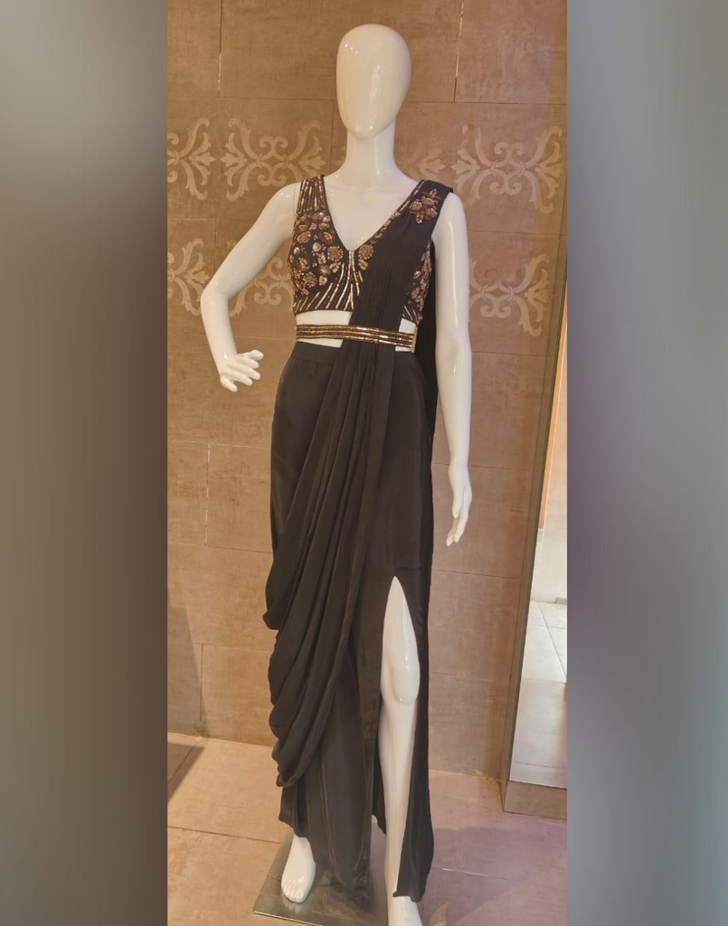 modern saree dress Modern Muse Black Gown Drape Saree with Glam Sequin Embellishments Black / S / 3 Days