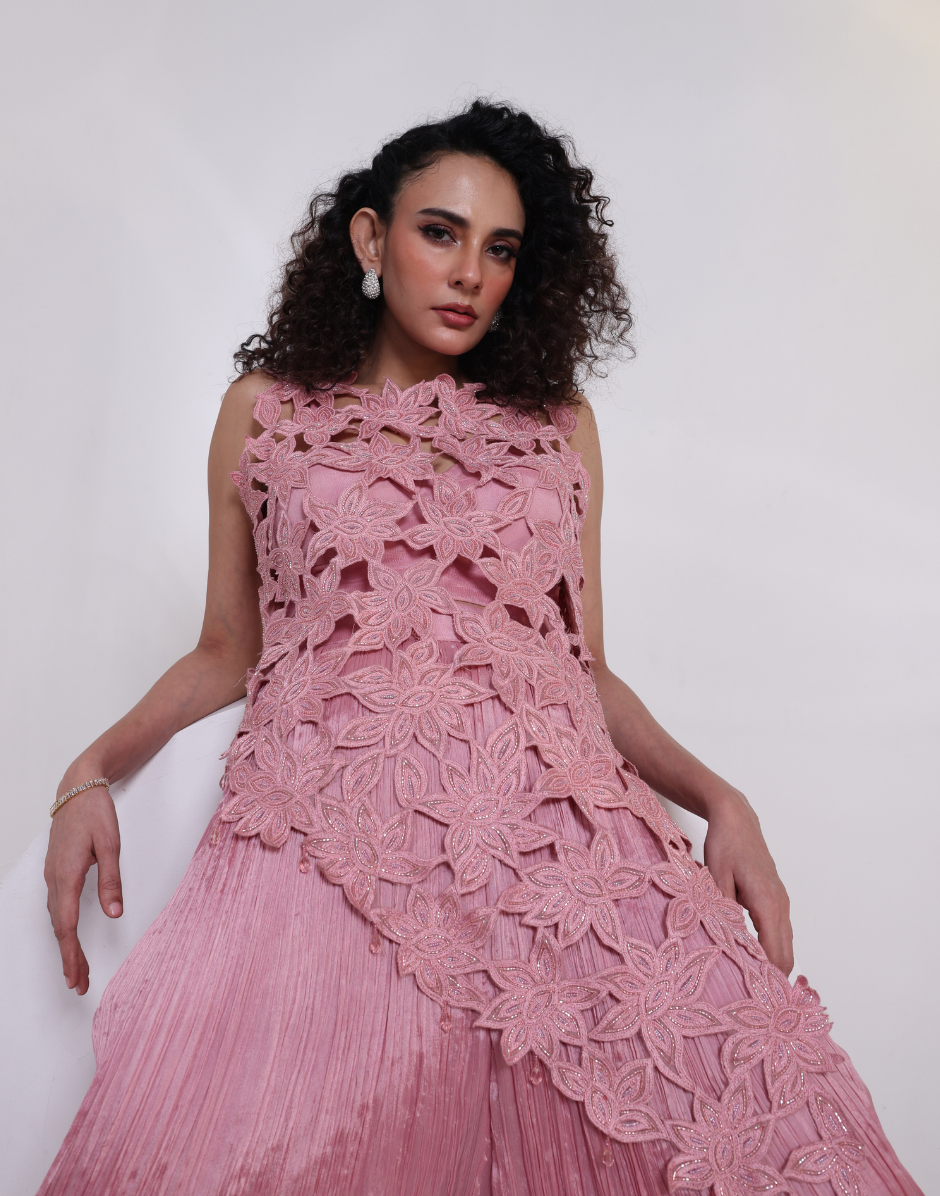 Modern Pink Bustier & Palazzo Set with Structured Asymmetrical Organza Overlay_3