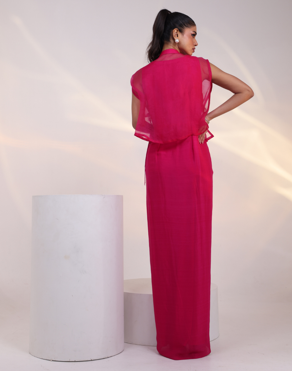 Modern Pink Two-Piece Outfit Flowy Gown with Sheer Organza Jacket
