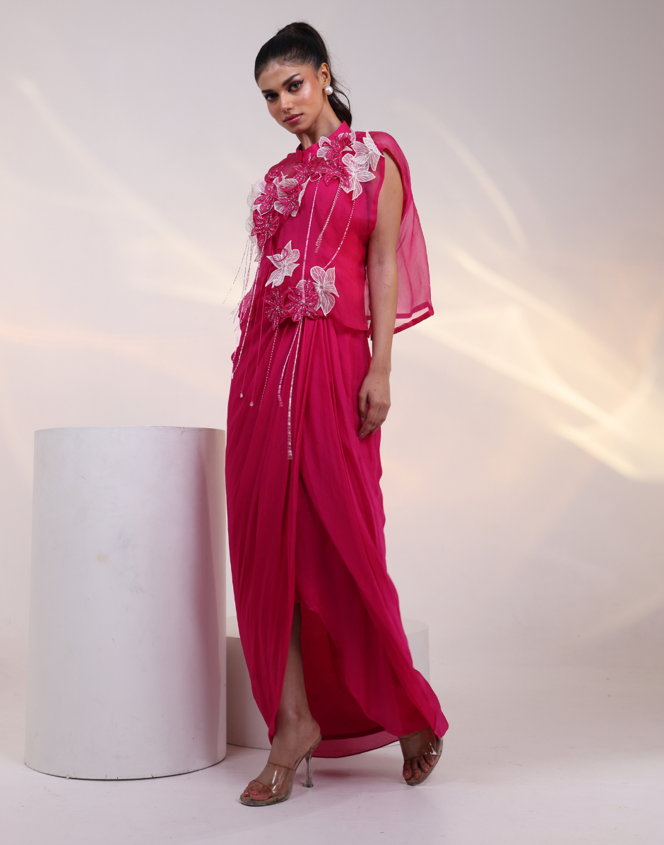 Modern Pink Two-Piece Outfit Flowy Gown with Sheer Organza Jacket_2