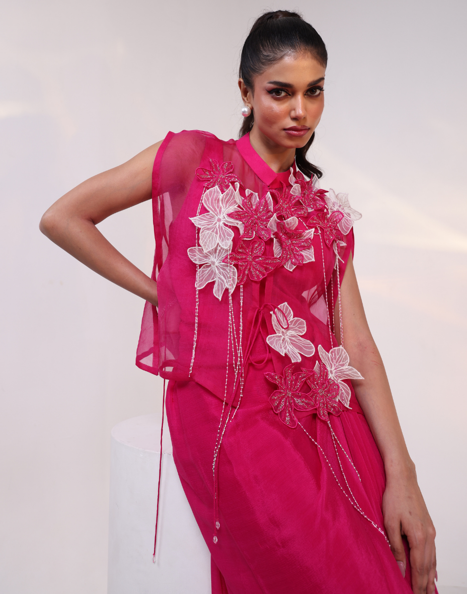 Modern Pink Two-Piece Outfit Flowy Gown with Sheer Organza Jacket_3