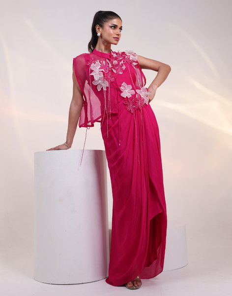Modern Pink Two-Piece Outfit Flowy Gown with Sheer Organza Jacket Pink / M / 15 Days