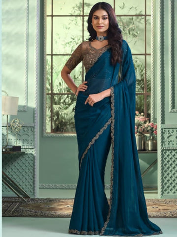 Moonlit Grace Dark Teal Georgette Saree - Rent