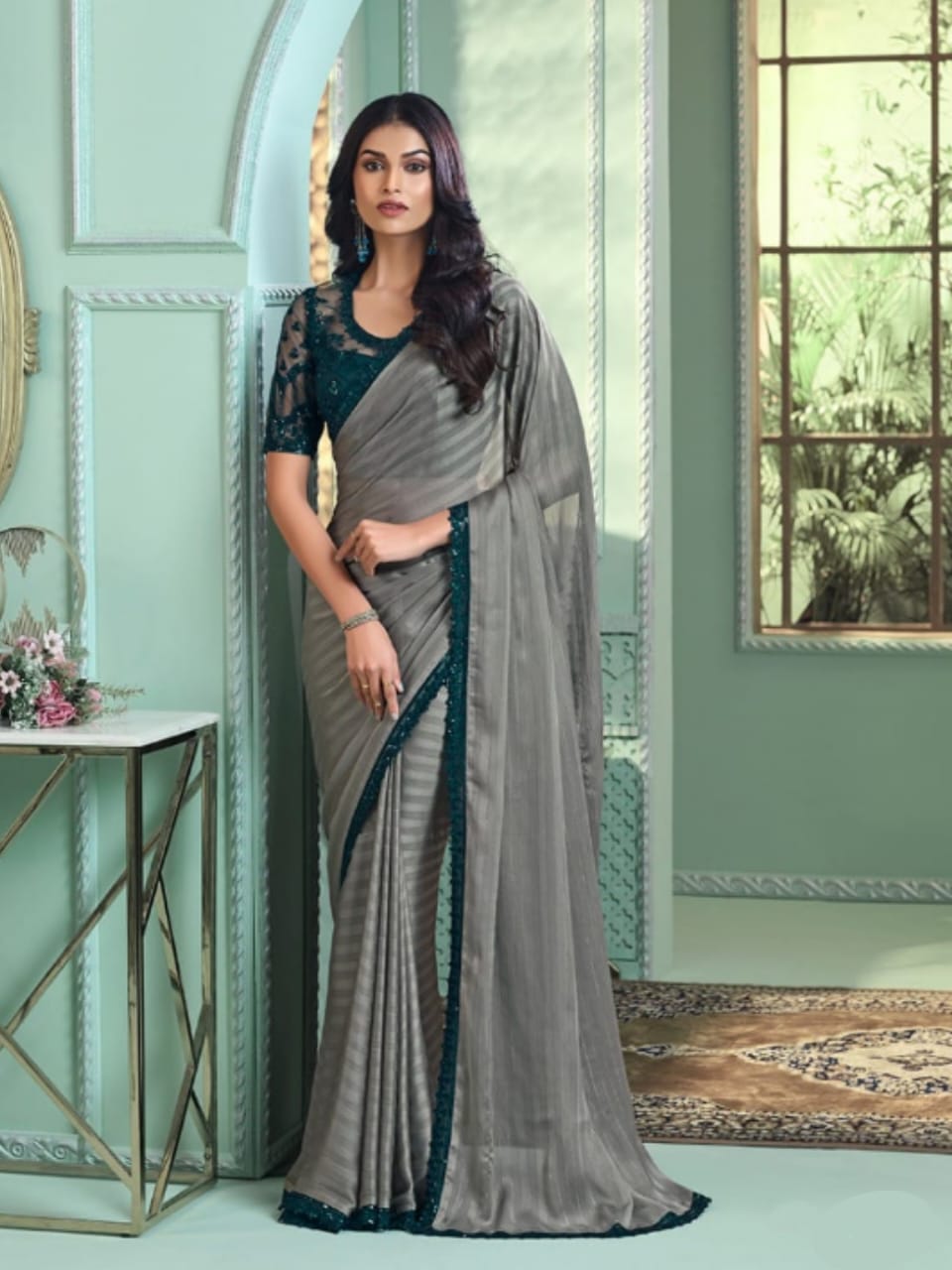 Moonlit Grace Grey Georgette Saree - Rent