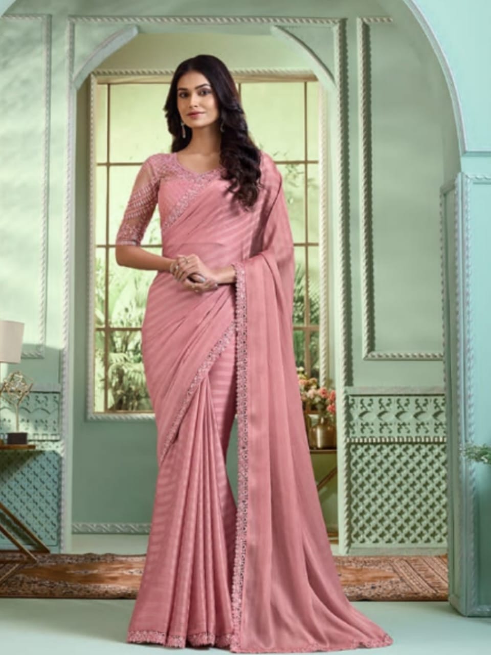 Moonlit Grace Pink Georgette Silk Saree - Rent