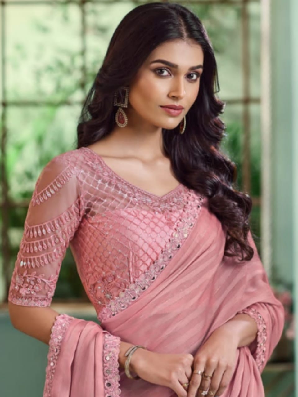 Moonlit Grace Pink Georgette Silk Saree - Rent