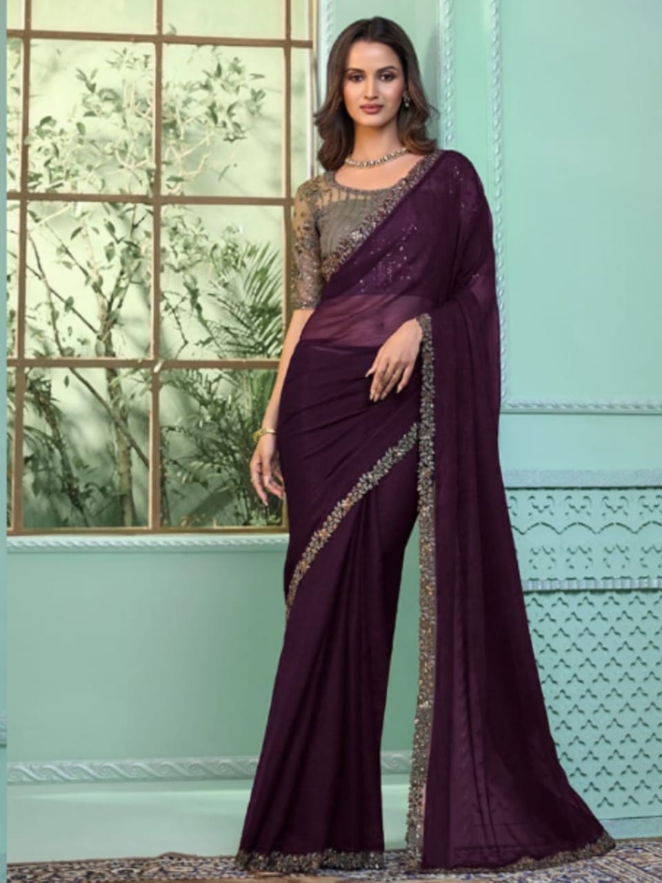 Moonlit Grace Purple Georgette Saree - Rent