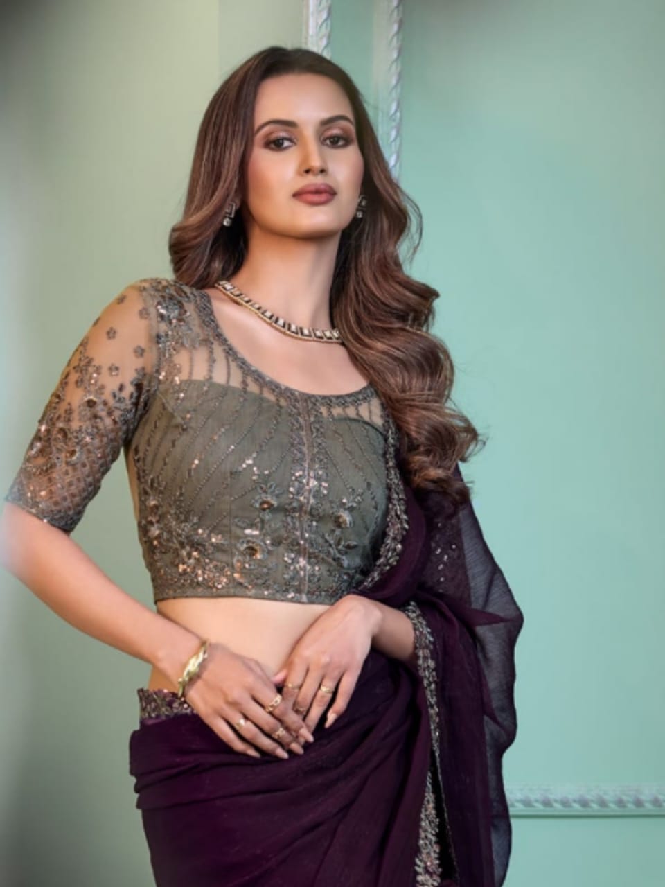 Moonlit Grace Purple Georgette Saree - Rent