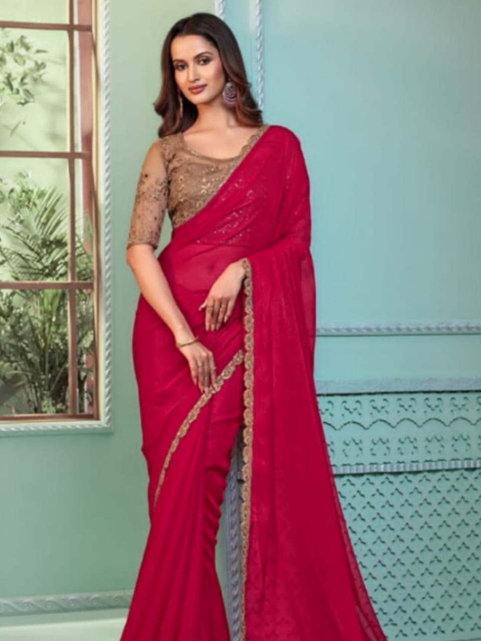 Moonlit Grace Red Georgette  Saree - Rent