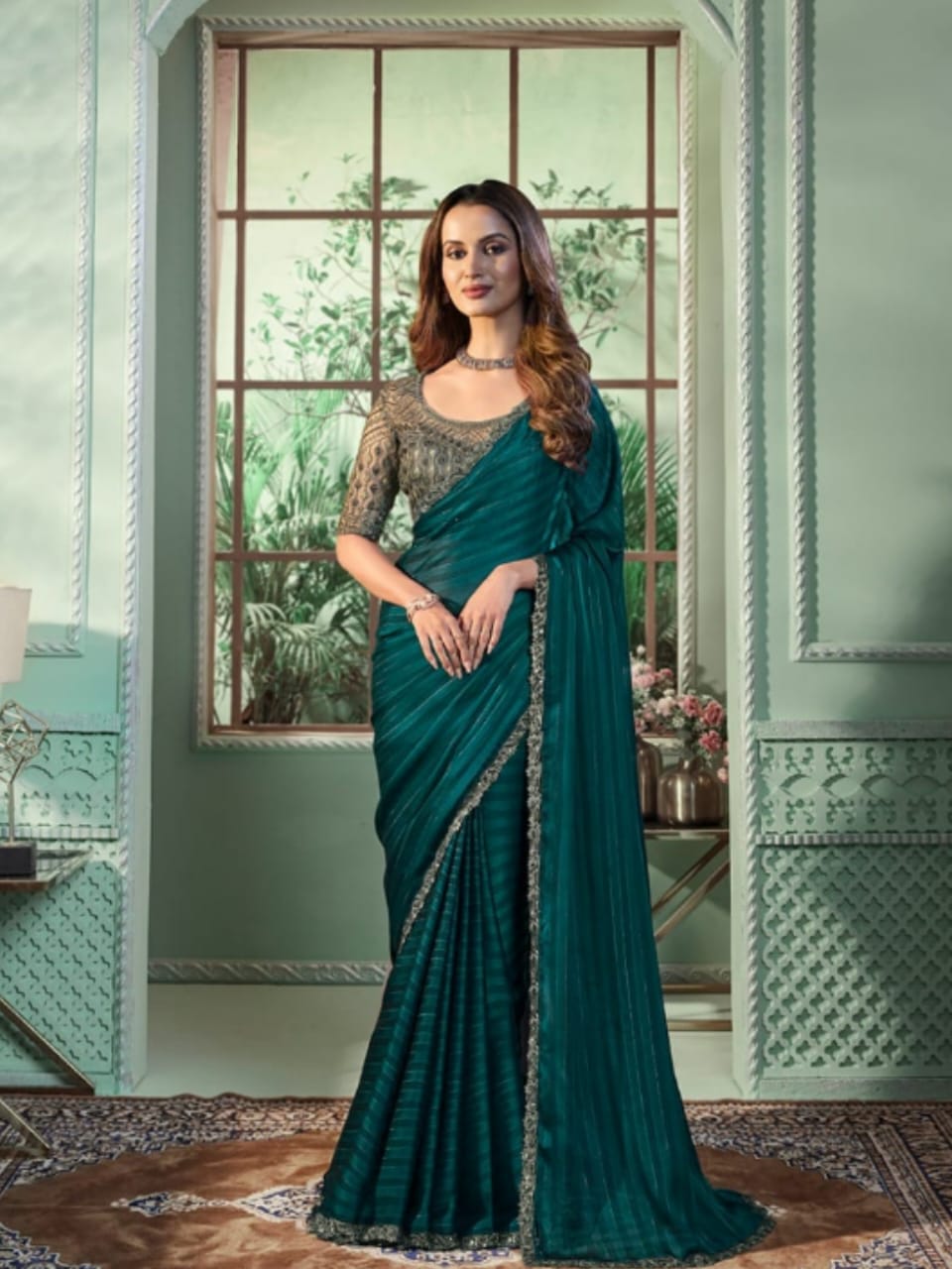 Moonlit Grace Silver Pattern Georgette Silk Saree - Rent