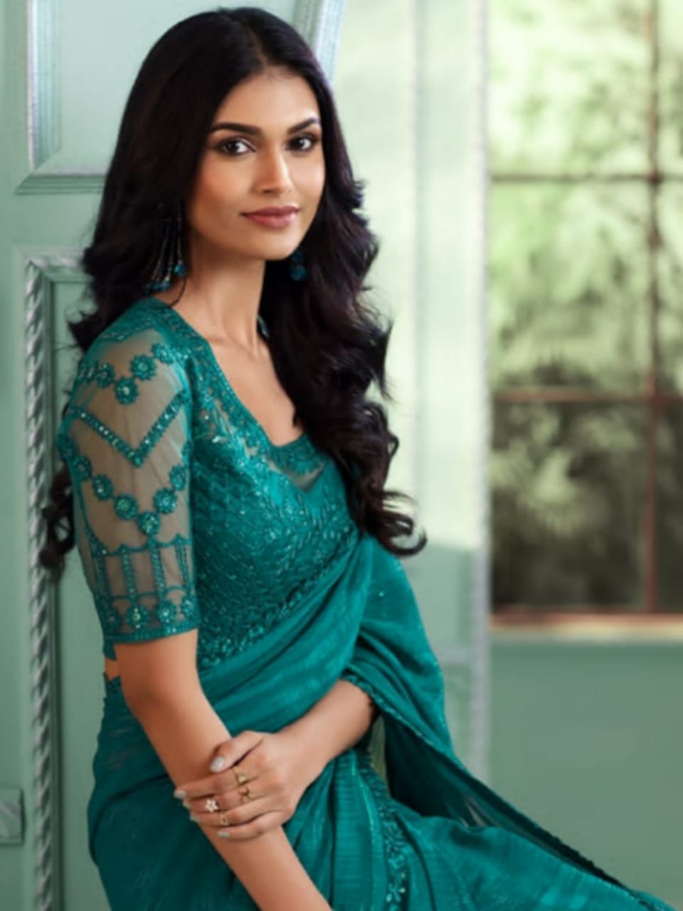 Moonlit Grace Teal Georgette Saree - Rent