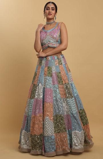 Multi Color Net Embroidered Mirror Divyam Embroidered Lehenga Set - Rent