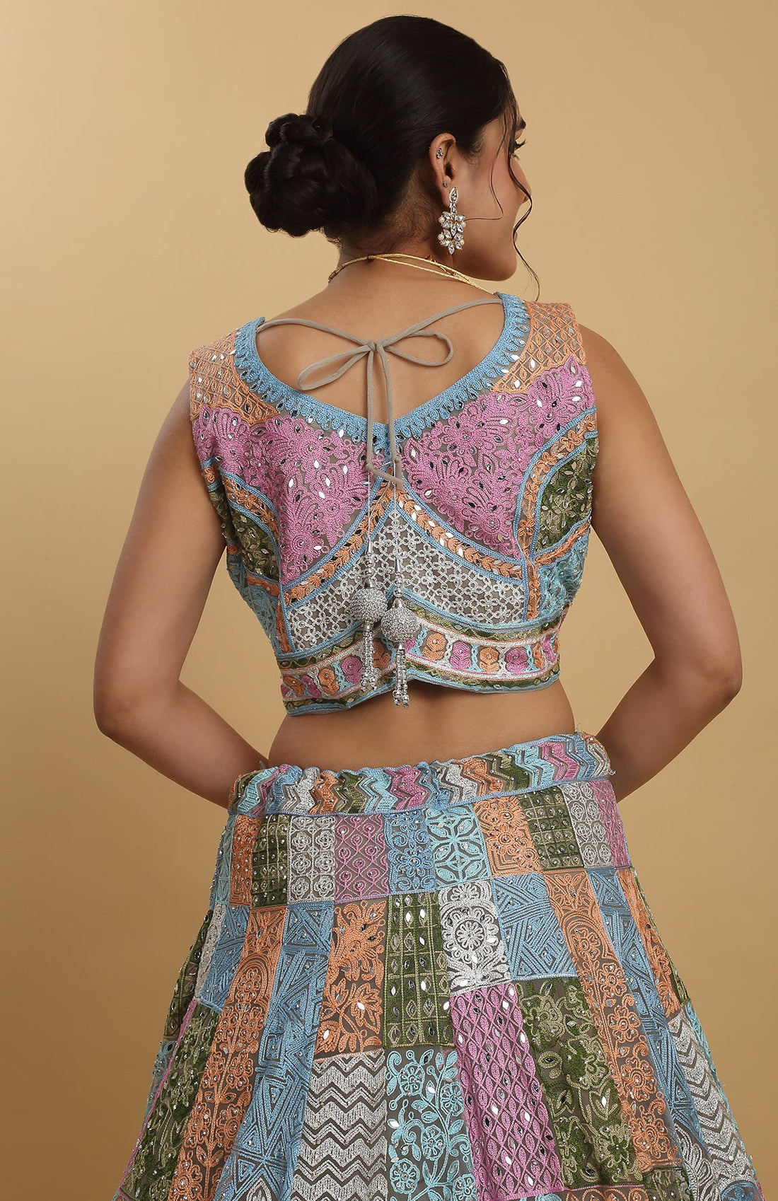 Multi Color Net Embroidered Mirror Divyam Embroidered Lehenga Set - Rent