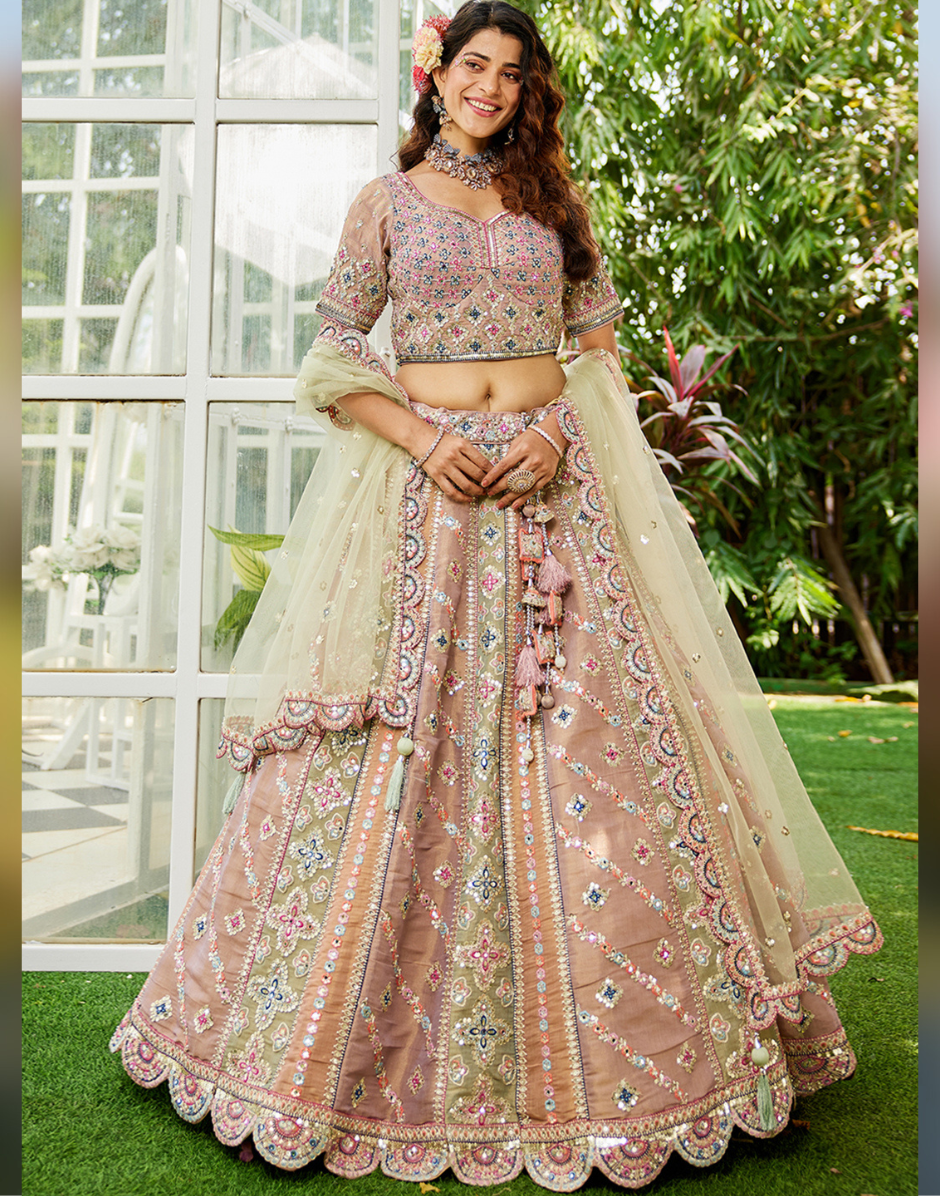 Multicolor Bridal Net Lehenga Choli with Gotapatti & Moti Embroidery and Dupatta Elegant Wedding Wear