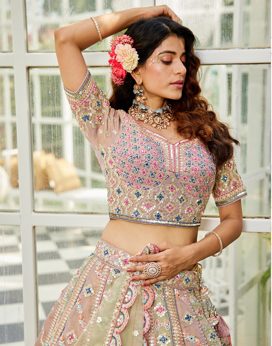 Multicolor Bridal Net Lehenga Choli with Gotapatti & Moti Embroidery and Dupatta Elegant Wedding Wear