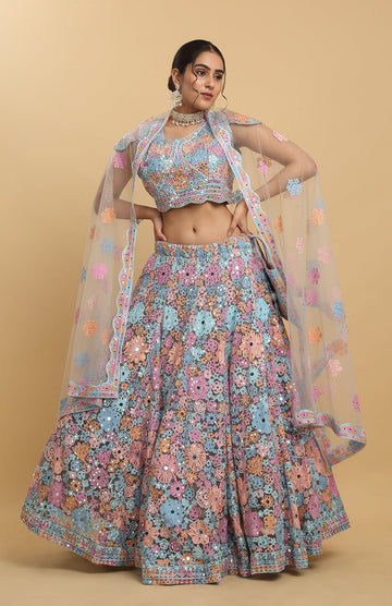 Multicolor Net Bahaara Embroidered Lehenga Set - Rent
