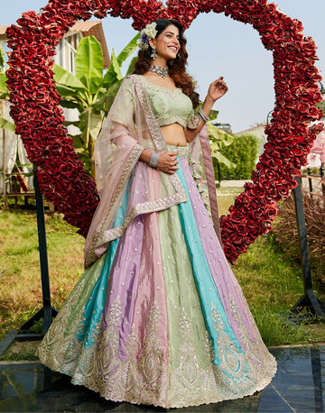 Multicolor Satin Silk Lehenga Choli with Sequins & Thread Embroidery and Dupatta Luxurious Bridal & Party Wear