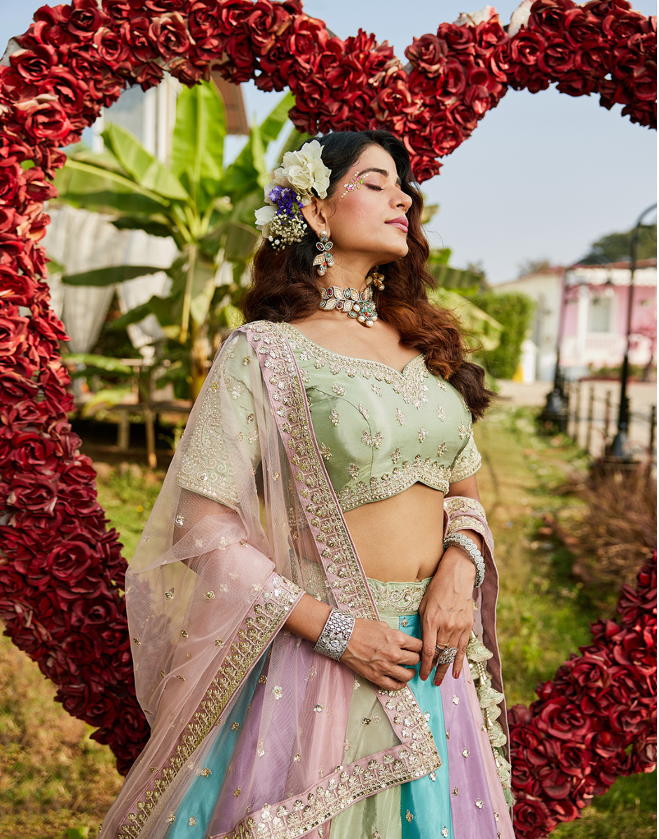Multicolor Satin Silk Lehenga Choli with Sequins & Thread Embroidery and Dupatta Luxurious Bridal & Party Wear