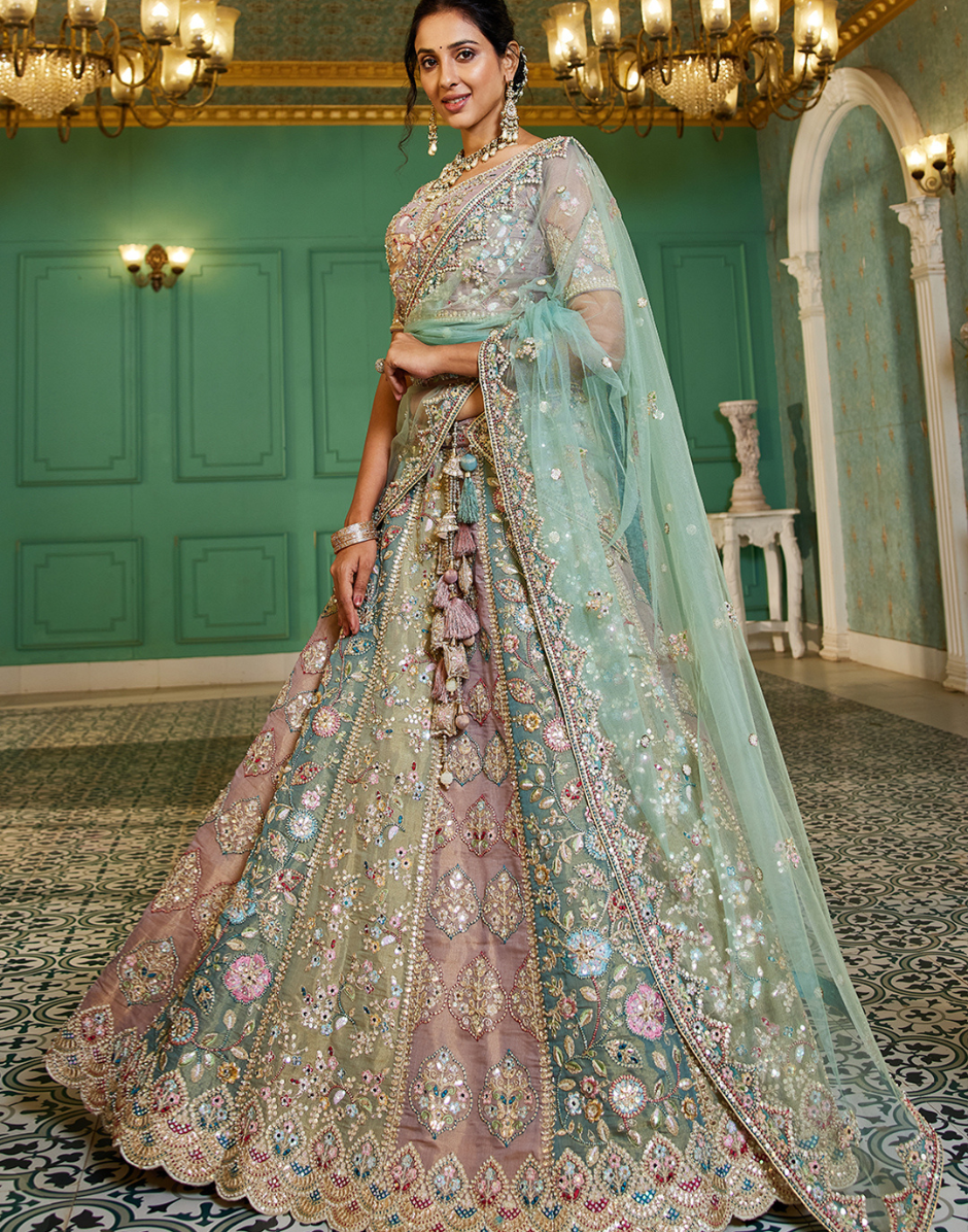 Multicolour Net Lehenga Choli with Gotapatti & Moti Embroidery and Dupatta Elegant Bridal & Festive Wear
