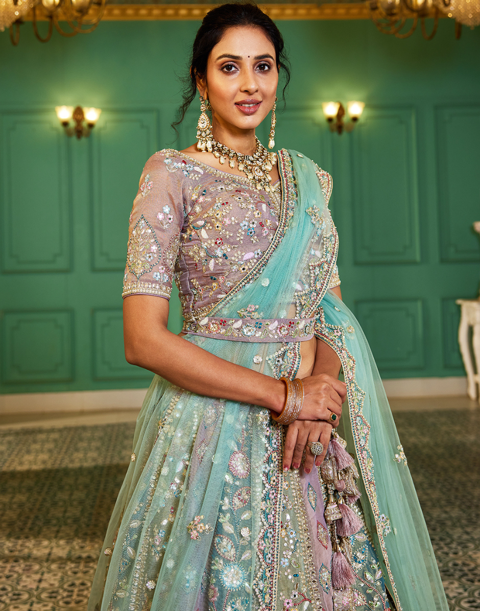 Multicolour Net Lehenga Choli with Gotapatti & Moti Embroidery and Dupatta Elegant Bridal & Festive Wear