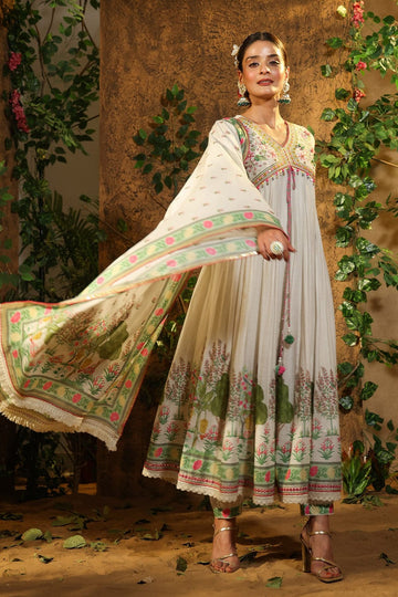 Muslin Alia Cut Suit Set in Digital Shine Prints and Hand Embroidery - Rent