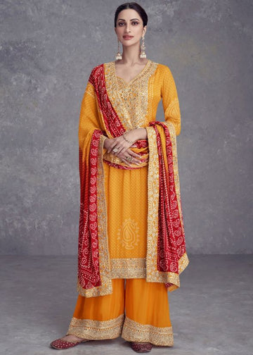 Mustard Embroidered Digital Print Chinnon Sharara for Festive Wear - Rent