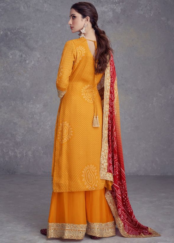 Mustard Embroidered Digital Print Chinnon Sharara for Festive Wear - Rent