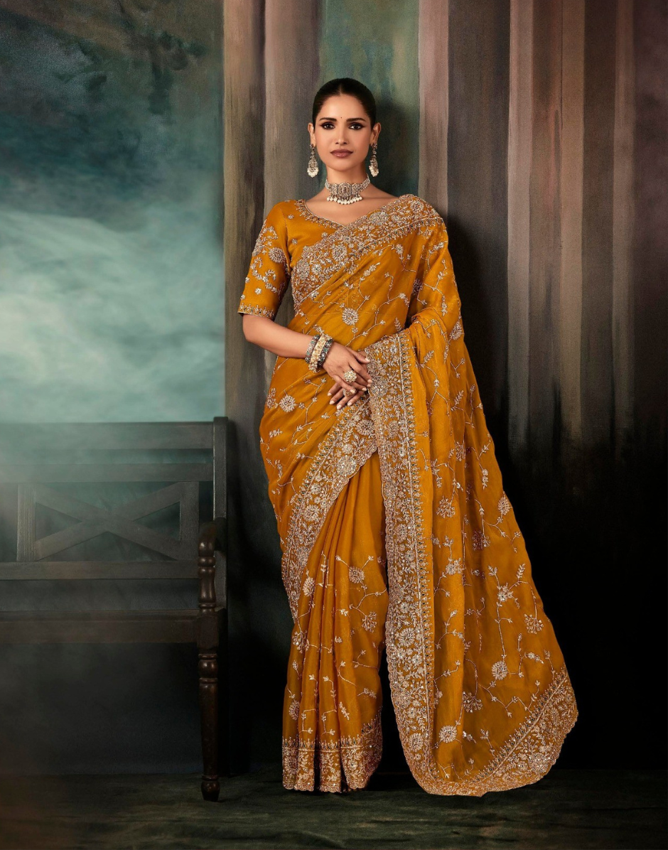 Mustard Aari Work Saree Fancy Fabric with Intricate Hand Embroidery and Blouse - Buy