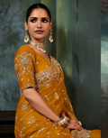 Mustard Aari Work Saree Fancy Fabric with Intricate Hand Embroidery and Blouse - Buy_1
