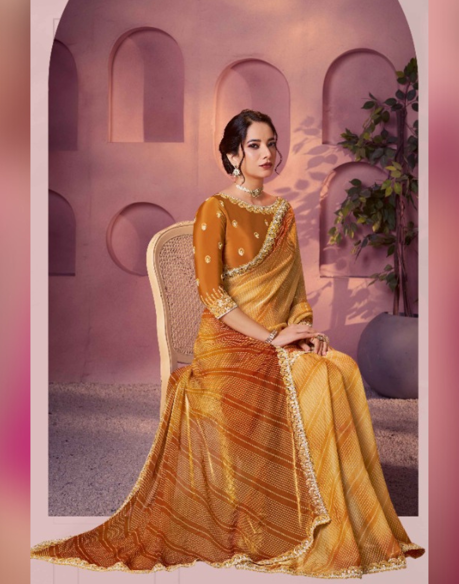 Mustard Satin Silk Bandhani Saree with Two-Tone Shaded Print & Elegant Hand Embellishments - Buy_2