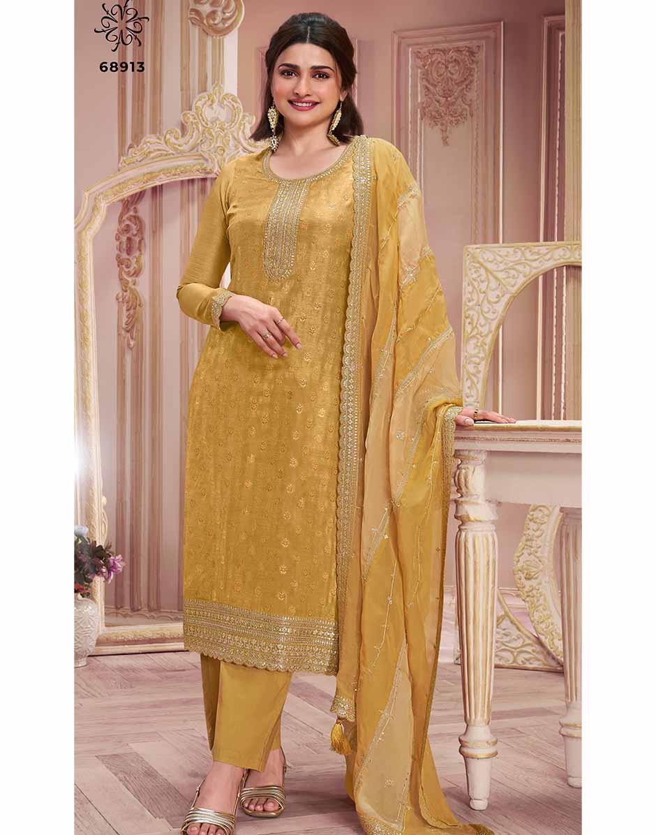 Mustard Yellow Embroidered Dola Jacquard Kurta, Bottom & Dupatta Set_1