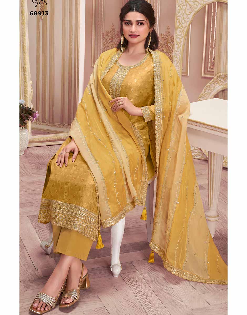 Mustard Yellow Embroidered Dola Jacquard Kurta, Bottom & Dupatta Set_1