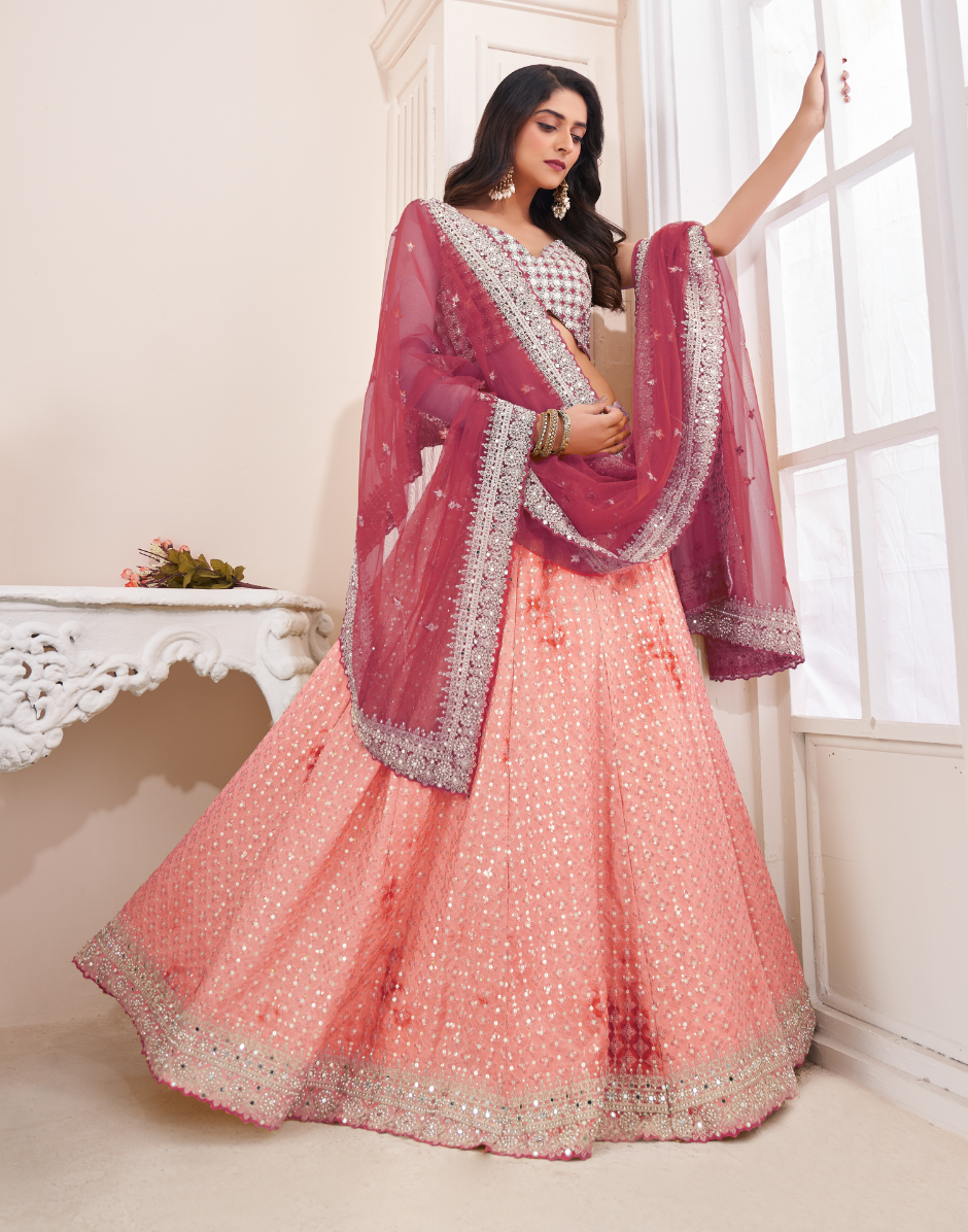 Mystic Peach Embroidered  Zari And Sequins Work Stylish Lehengas