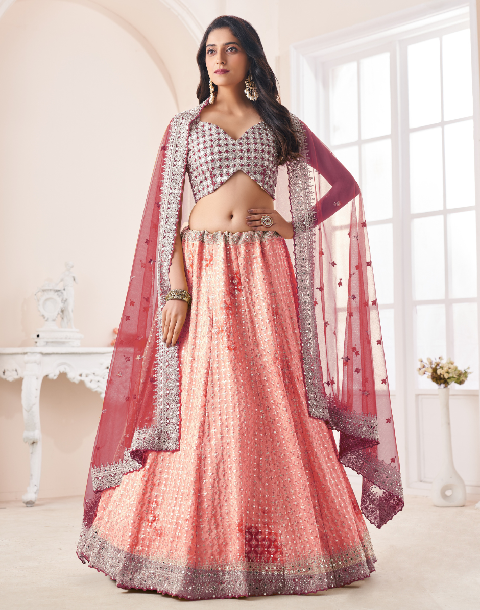 Mystic Peach Embroidered  Zari And Sequins Work Stylish Lehengas