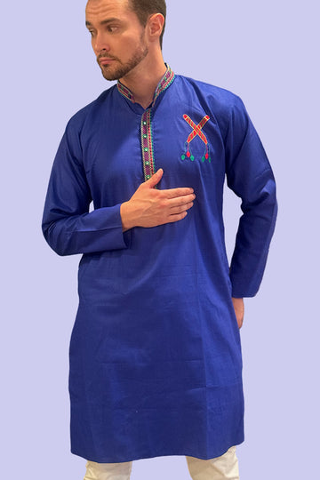 Navratri  Blue Patch Work Traditional Kurta Set For Men - Rent