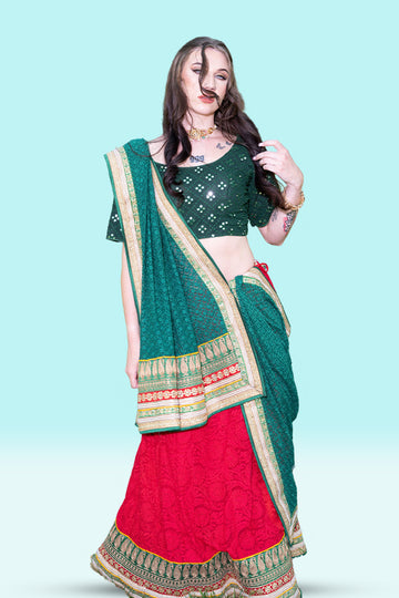 Navratri Green and Red Georgette Chaniya Choli - Rent