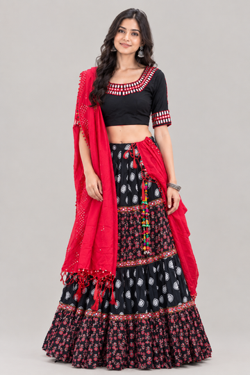Navratri Black and Red Embroidered Chaniya Choli - Rent