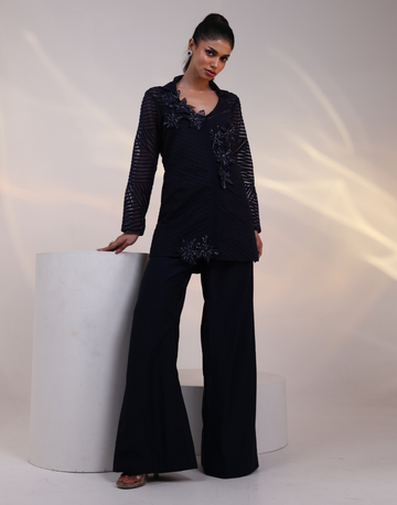 Navy Blue Co-Ord Set with Textured Mesh Shirt Geometric Cord Patterns & 3D Floral Bootas Wide-Leg Trousers