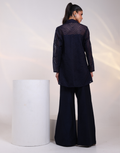Navy Blue Co-Ord Set with Textured Mesh Shirt Geometric Cord Patterns & 3D Floral Bootas Wide-Leg Trousers_1