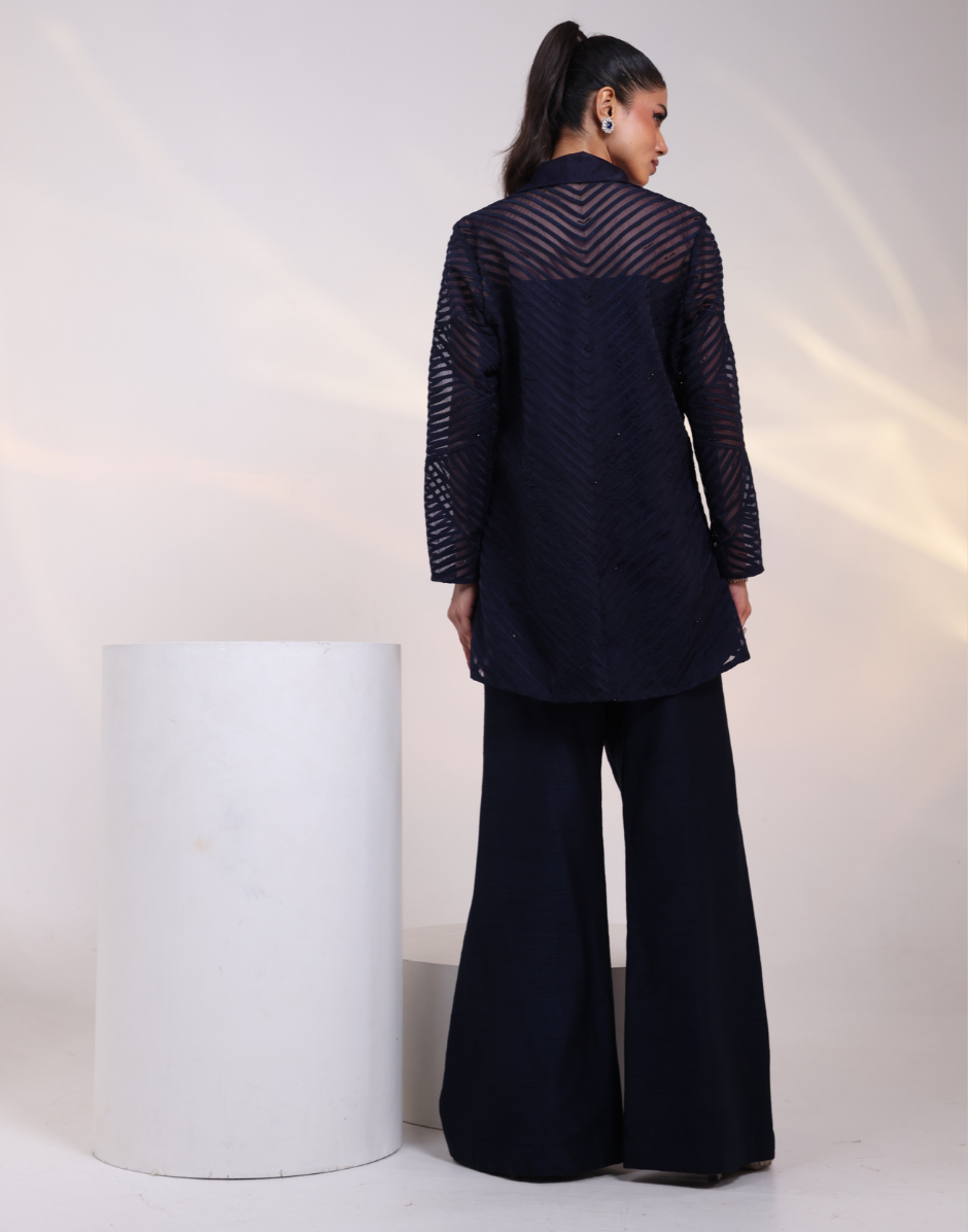 Navy Blue Co-Ord Set with Textured Mesh Shirt Geometric Cord Patterns & 3D Floral Bootas Wide-Leg Trousers_1