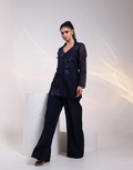 Navy Blue Co-Ord Set with Textured Mesh Shirt Geometric Cord Patterns & 3D Floral Bootas Wide-Leg Trousers_2